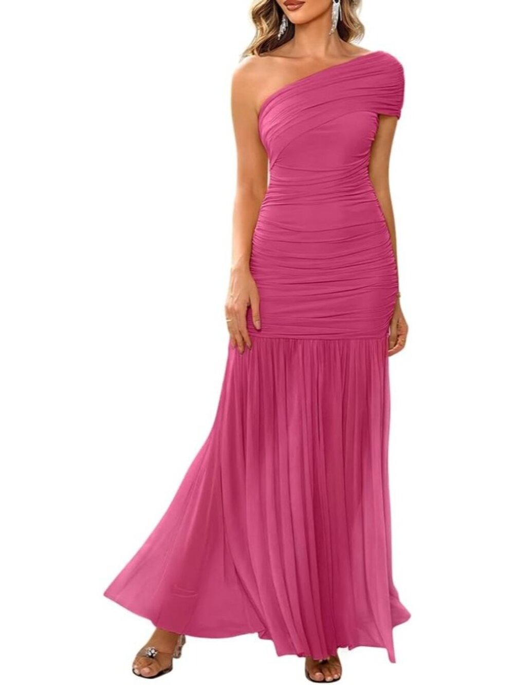 Women's Rose Elegant One Shoulder Sleeveless Ruched Long Bodycon Maxi Dress